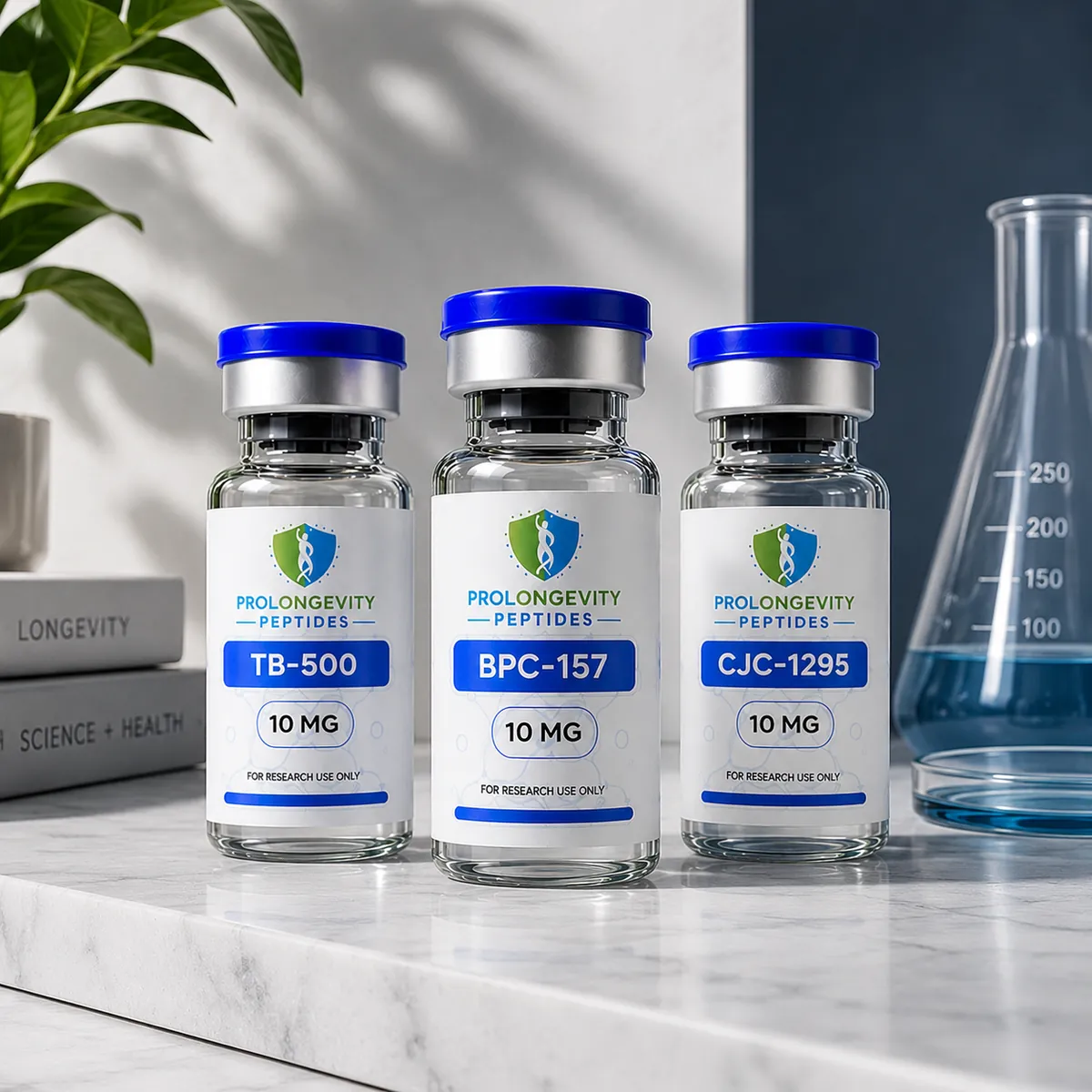 BPC-157, TB-500 and CJC-1295 research peptide vials on a lab bench