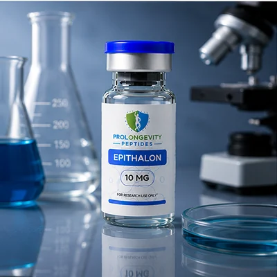 Research peptide vial next to laboratory glassware